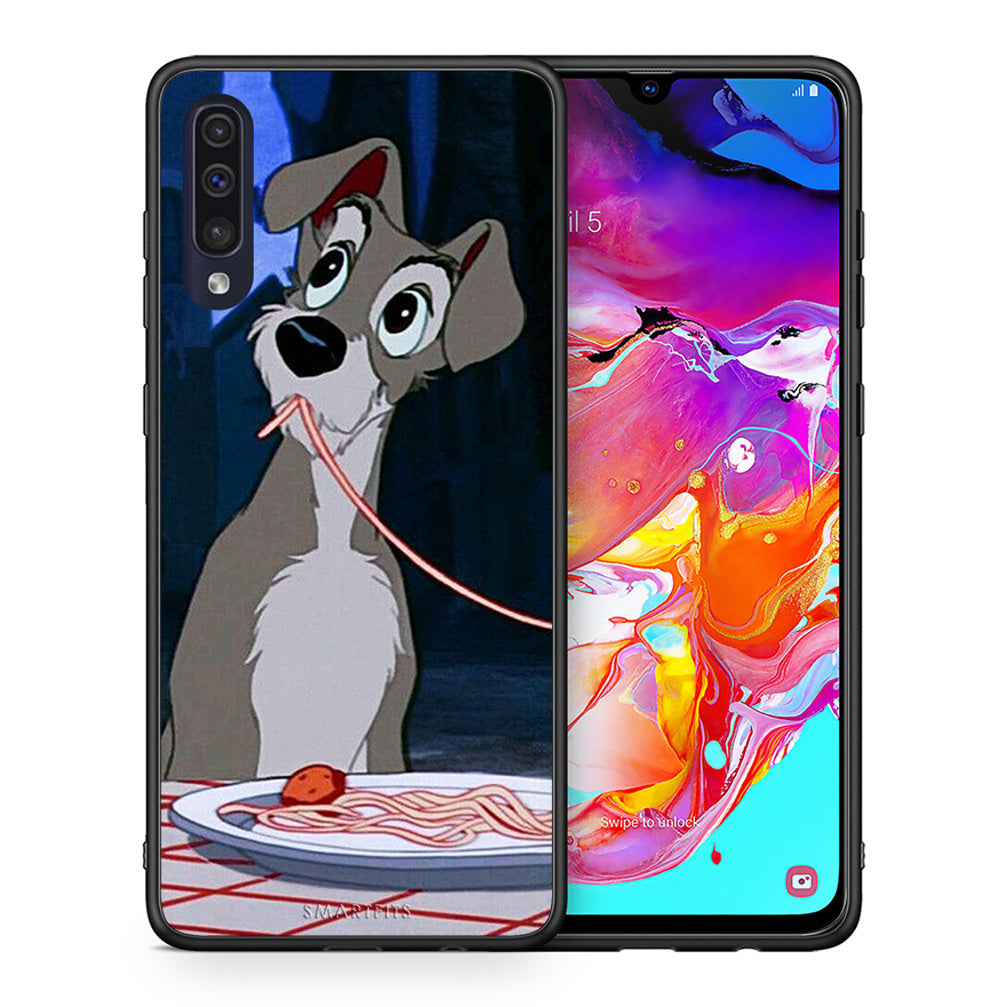 Θήκη Αγίου Βαλεντίνου Samsung A70 Lady And Tramp 1 από τη Smartfits με σχέδιο στο πίσω μέρος και μαύρο περίβλημα | Samsung A70 Lady And Tramp 1 case with colorful back and black bezels