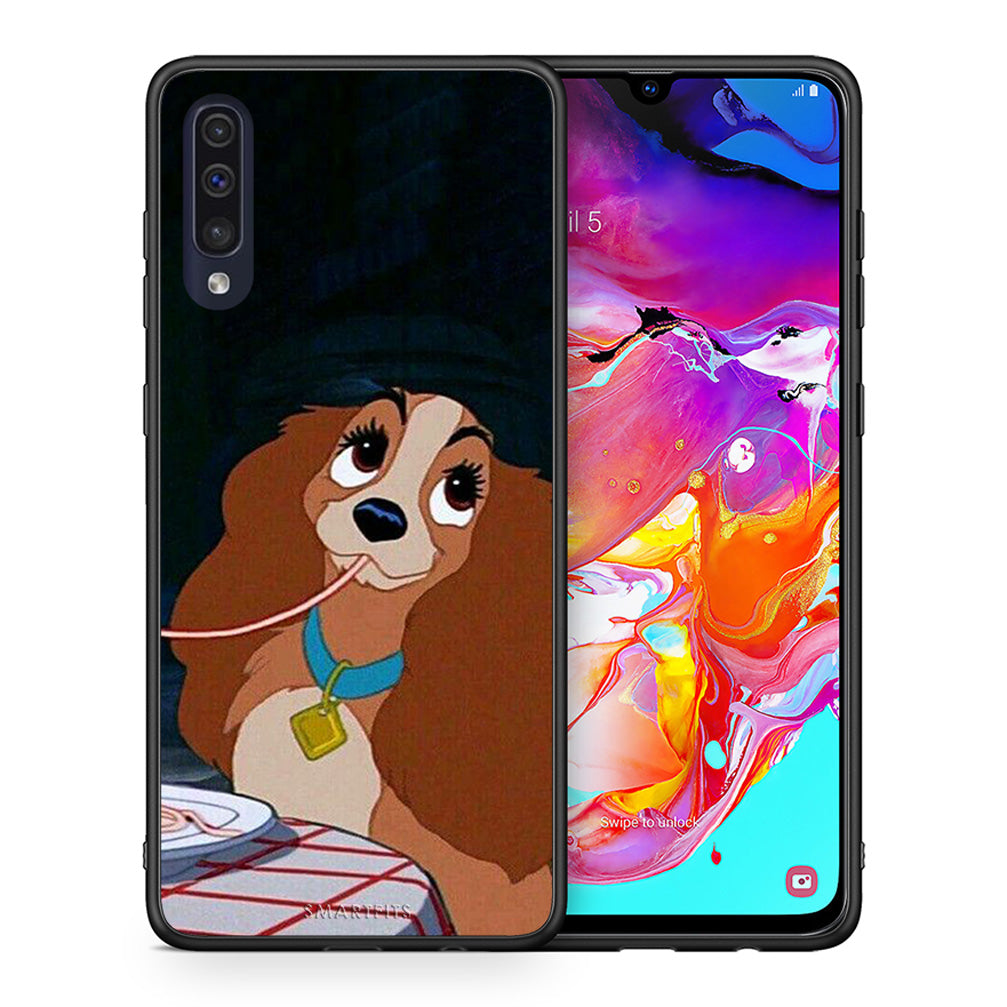 Θήκη Αγίου Βαλεντίνου Samsung A70 Lady And Tramp 2 από τη Smartfits με σχέδιο στο πίσω μέρος και μαύρο περίβλημα | Samsung A70 Lady And Tramp 2 case with colorful back and black bezels