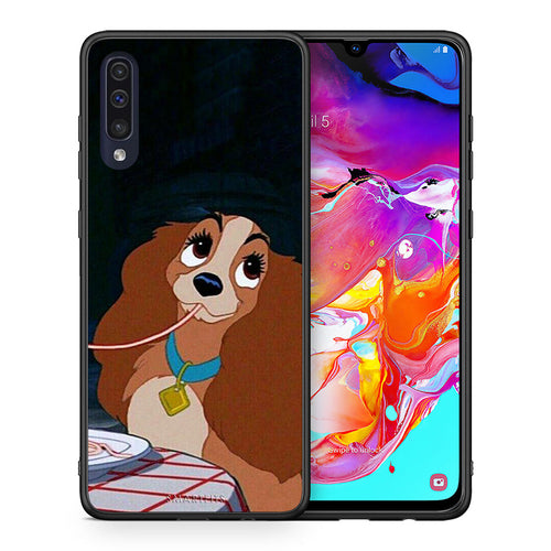 Θήκη Αγίου Βαλεντίνου Samsung A70 Lady And Tramp 2 από τη Smartfits με σχέδιο στο πίσω μέρος και μαύρο περίβλημα | Samsung A70 Lady And Tramp 2 case with colorful back and black bezels