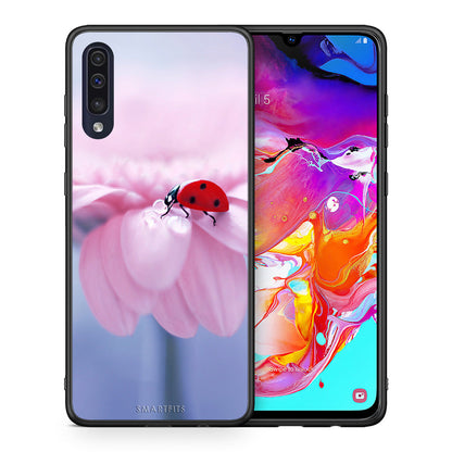 Θήκη Samsung A70 Ladybug Flower από τη Smartfits με σχέδιο στο πίσω μέρος και μαύρο περίβλημα | Samsung A70 Ladybug Flower case with colorful back and black bezels