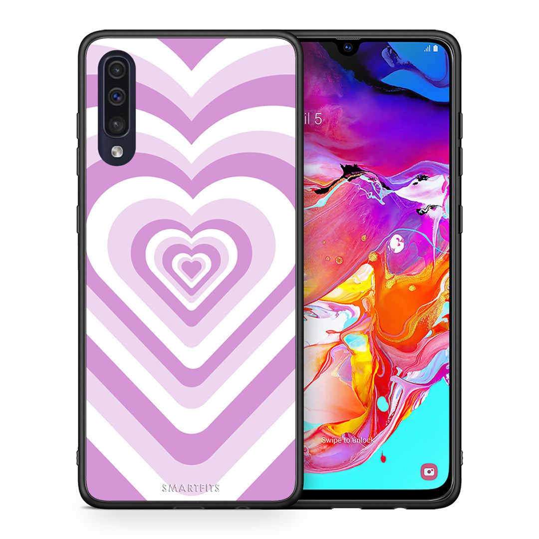 Θήκη Samsung A70 Lilac Hearts από τη Smartfits με σχέδιο στο πίσω μέρος και μαύρο περίβλημα | Samsung A70 Lilac Hearts case with colorful back and black bezels