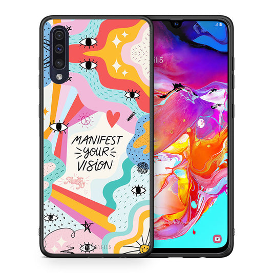Θήκη Samsung A70 Manifest Your Vision από τη Smartfits με σχέδιο στο πίσω μέρος και μαύρο περίβλημα | Samsung A70 Manifest Your Vision case with colorful back and black bezels