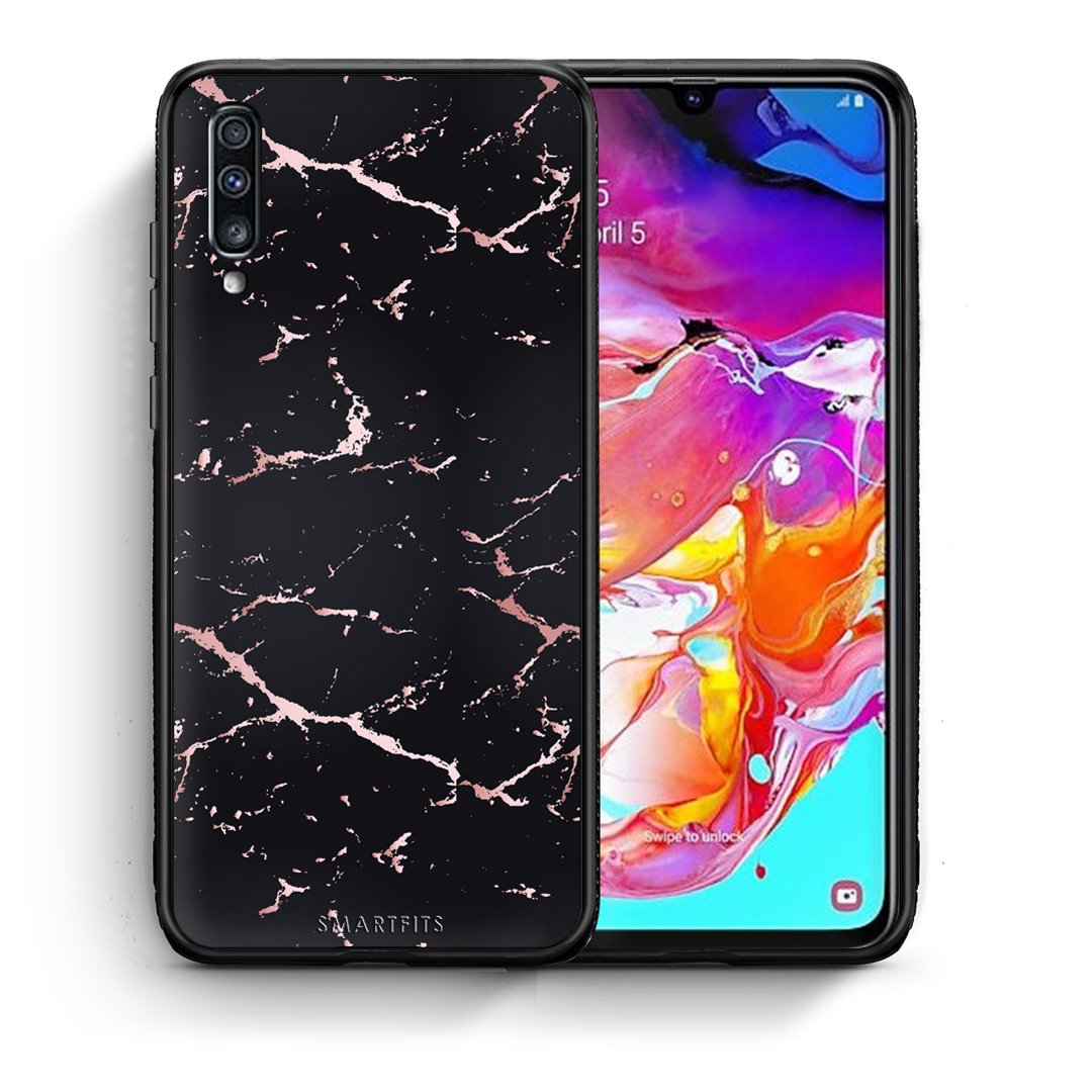 Θήκη Samsung A70 Black Rosegold Marble από τη Smartfits με σχέδιο στο πίσω μέρος και μαύρο περίβλημα | Samsung A70 Black Rosegold Marble case with colorful back and black bezels