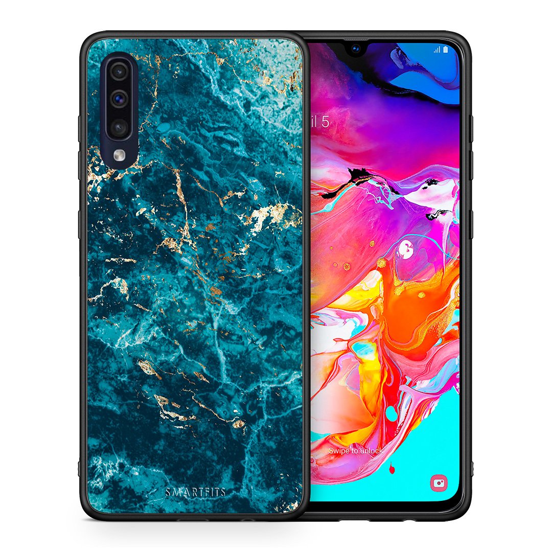 Θήκη Samsung A70 Marble Blue από τη Smartfits με σχέδιο στο πίσω μέρος και μαύρο περίβλημα | Samsung A70 Marble Blue case with colorful back and black bezels