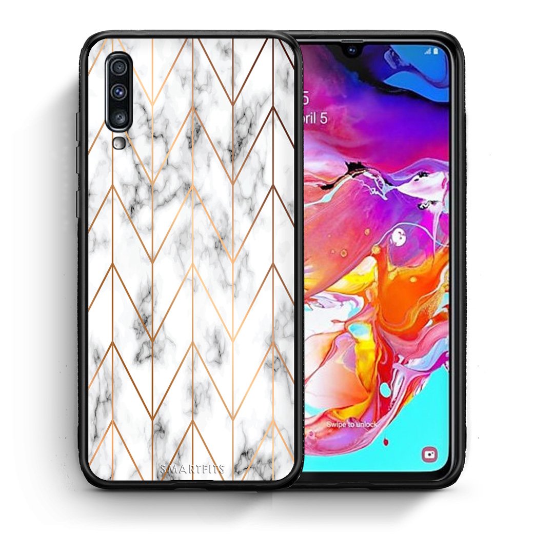 Θήκη Samsung A70 Gold Geometric Marble από τη Smartfits με σχέδιο στο πίσω μέρος και μαύρο περίβλημα | Samsung A70 Gold Geometric Marble case with colorful back and black bezels