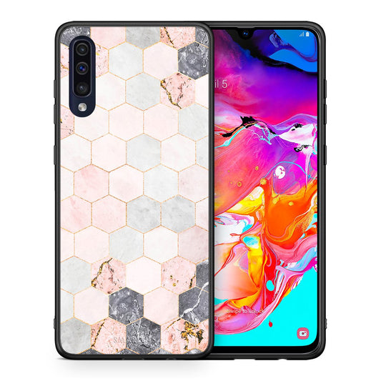Θήκη Samsung A70 Hexagon Pink Marble από τη Smartfits με σχέδιο στο πίσω μέρος και μαύρο περίβλημα | Samsung A70 Hexagon Pink Marble case with colorful back and black bezels