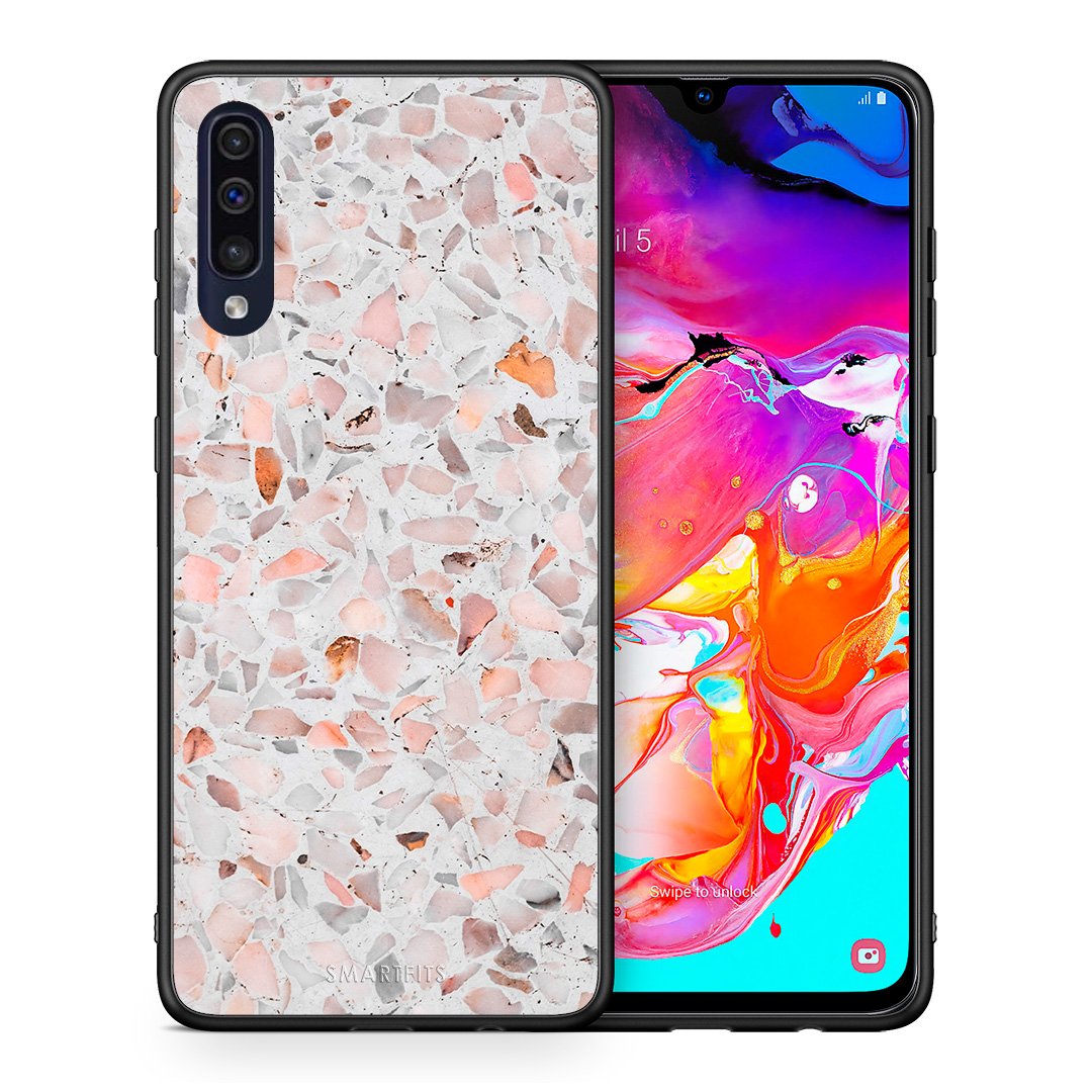 Θήκη Samsung A70 Marble Terrazzo από τη Smartfits με σχέδιο στο πίσω μέρος και μαύρο περίβλημα | Samsung A70 Marble Terrazzo case with colorful back and black bezels