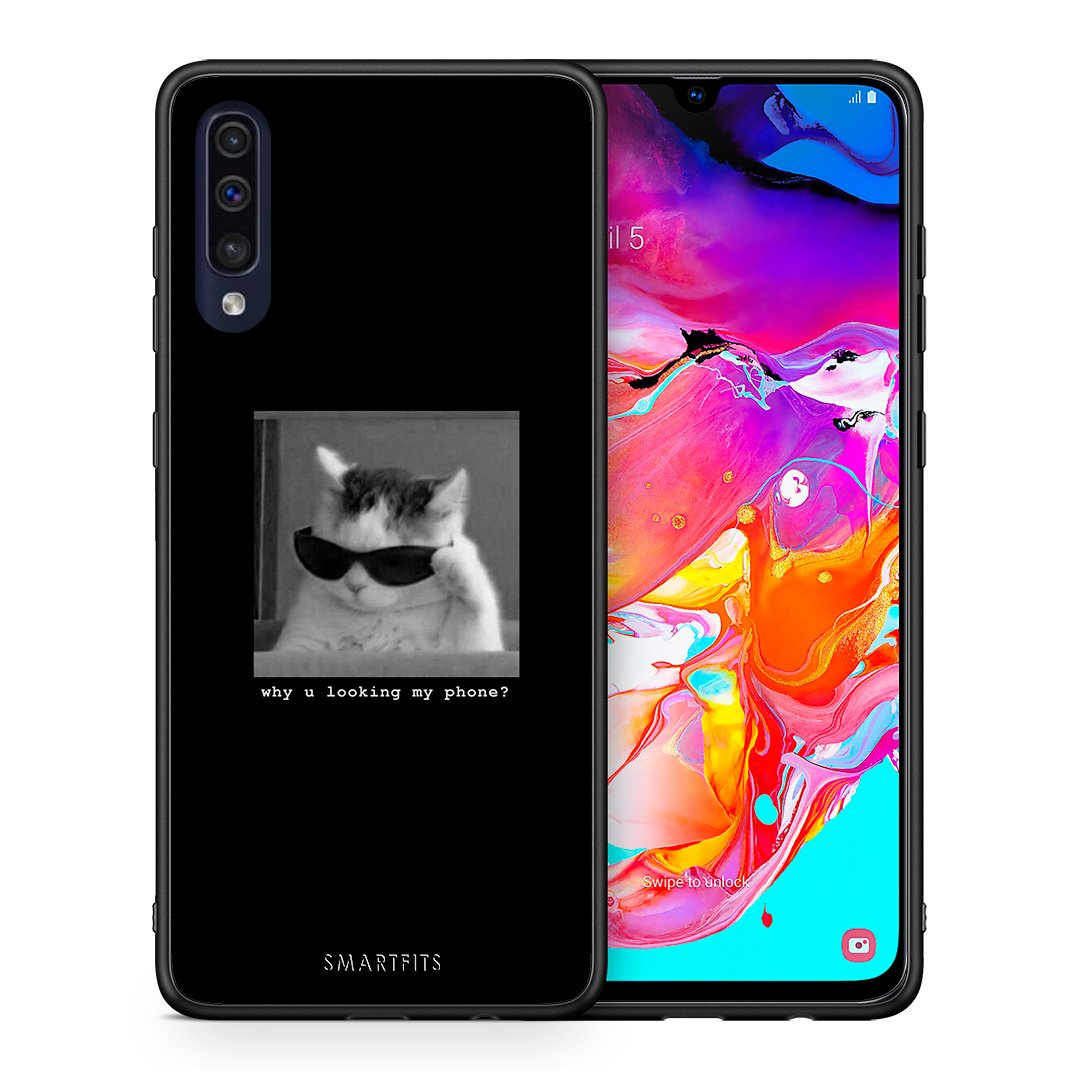 Θήκη Samsung A70 Meme Cat από τη Smartfits με σχέδιο στο πίσω μέρος και μαύρο περίβλημα | Samsung A70 Meme Cat case with colorful back and black bezels