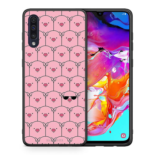 Θήκη Samsung A70 Pig Glasses από τη Smartfits με σχέδιο στο πίσω μέρος και μαύρο περίβλημα | Samsung A70 Pig Glasses case with colorful back and black bezels