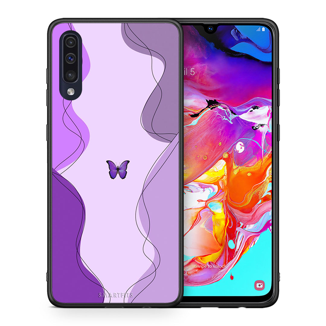 Θήκη Αγίου Βαλεντίνου Samsung A70 Purple Mariposa από τη Smartfits με σχέδιο στο πίσω μέρος και μαύρο περίβλημα | Samsung A70 Purple Mariposa case with colorful back and black bezels