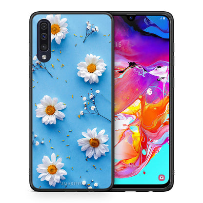 Θήκη Samsung A70 Real Daisies από τη Smartfits με σχέδιο στο πίσω μέρος και μαύρο περίβλημα | Samsung A70 Real Daisies case with colorful back and black bezels