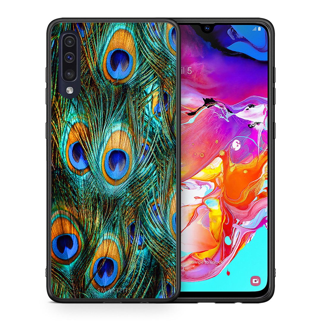 Θήκη Samsung A70 Real Peacock Feathers από τη Smartfits με σχέδιο στο πίσω μέρος και μαύρο περίβλημα | Samsung A70 Real Peacock Feathers case with colorful back and black bezels