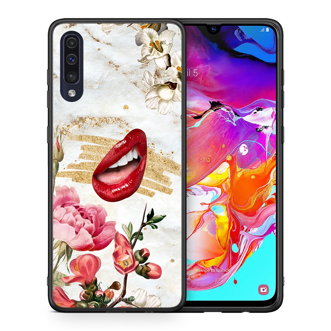Θήκη Samsung A70 Red Lips από τη Smartfits με σχέδιο στο πίσω μέρος και μαύρο περίβλημα | Samsung A70 Red Lips case with colorful back and black bezels