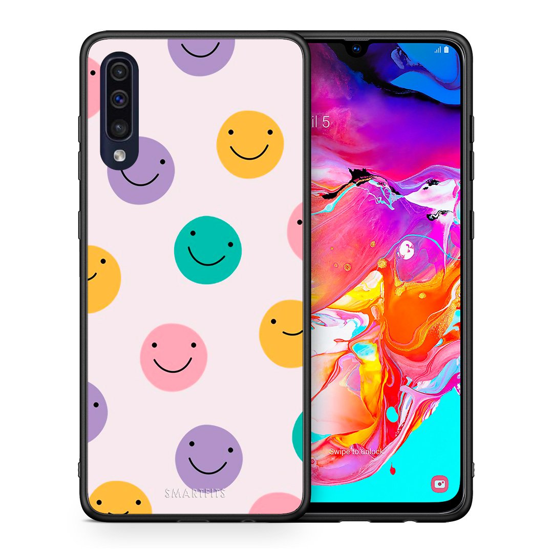 Θήκη Samsung A70 Smiley Faces από τη Smartfits με σχέδιο στο πίσω μέρος και μαύρο περίβλημα | Samsung A70 Smiley Faces case with colorful back and black bezels