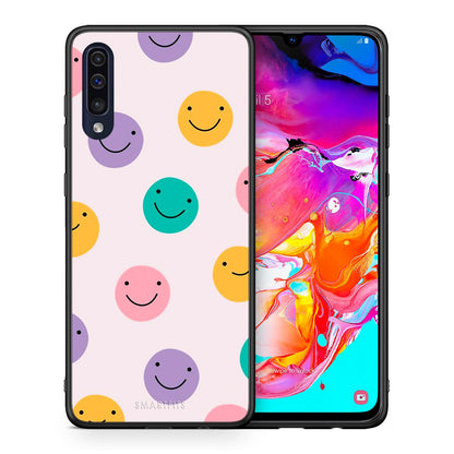 Θήκη Samsung A70 Smiley Faces από τη Smartfits με σχέδιο στο πίσω μέρος και μαύρο περίβλημα | Samsung A70 Smiley Faces case with colorful back and black bezels