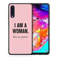 Thumbnail for Θήκη Samsung A70 Superpower Woman από τη Smartfits με σχέδιο στο πίσω μέρος και μαύρο περίβλημα | Samsung A70 Superpower Woman case with colorful back and black bezels