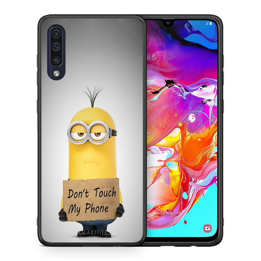 Θήκη Samsung A70 Minion Text από τη Smartfits με σχέδιο στο πίσω μέρος και μαύρο περίβλημα | Samsung A70 Minion Text case with colorful back and black bezels