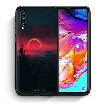 Θήκη Samsung A70 Sunset Tropic από τη Smartfits με σχέδιο στο πίσω μέρος και μαύρο περίβλημα | Samsung A70 Sunset Tropic case with colorful back and black bezels