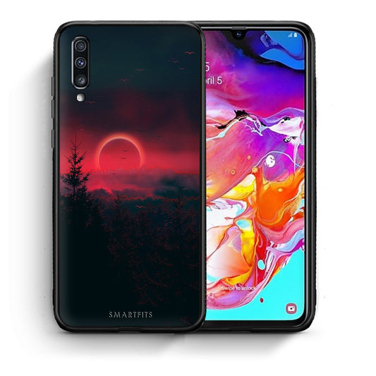 Θήκη Samsung A70 Sunset Tropic από τη Smartfits με σχέδιο στο πίσω μέρος και μαύρο περίβλημα | Samsung A70 Sunset Tropic case with colorful back and black bezels