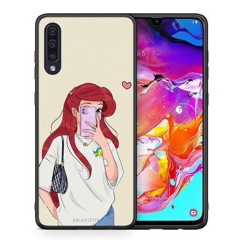Θήκη Samsung A70 Walking Mermaid από τη Smartfits με σχέδιο στο πίσω μέρος και μαύρο περίβλημα | Samsung A70 Walking Mermaid case with colorful back and black bezels