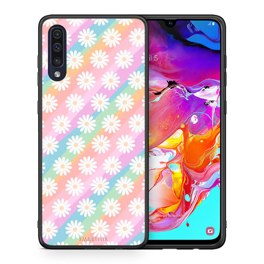Θήκη Samsung A70 White Daisies από τη Smartfits με σχέδιο στο πίσω μέρος και μαύρο περίβλημα | Samsung A70 White Daisies case with colorful back and black bezels
