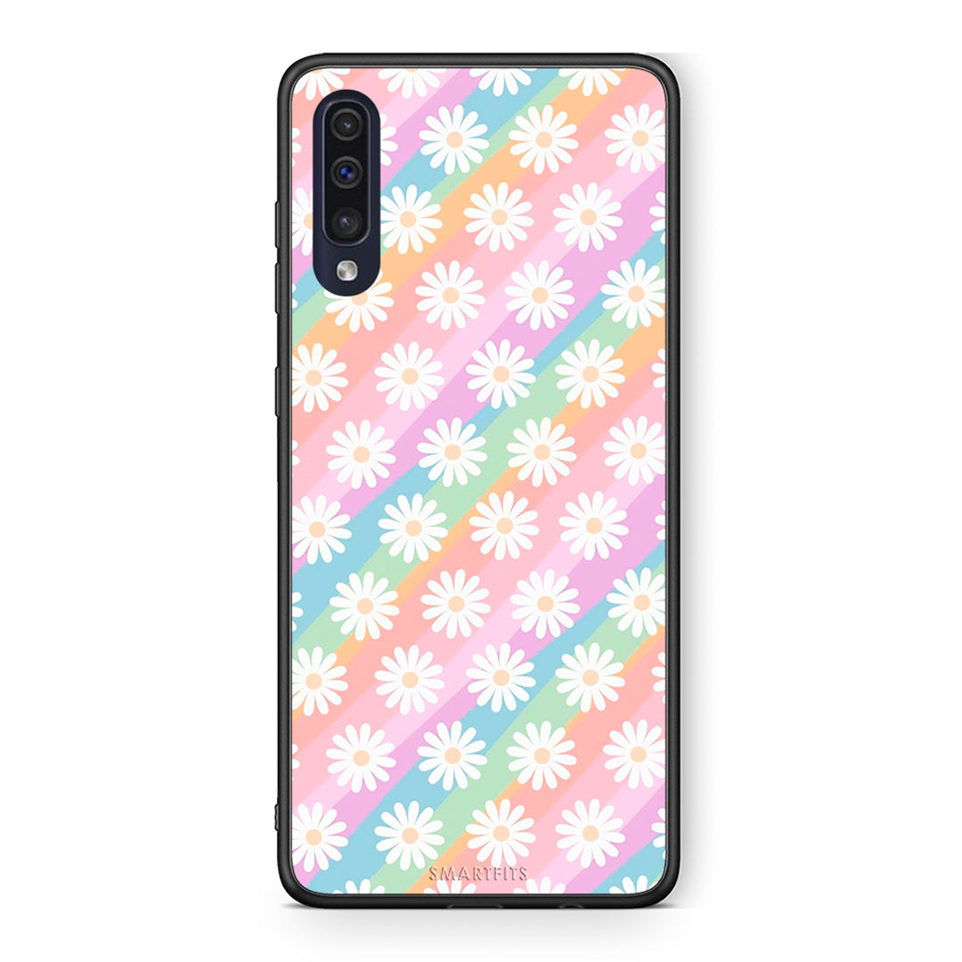 Samsung A70 White Daisies θήκη από τη Smartfits με σχέδιο στο πίσω μέρος και μαύρο περίβλημα | Smartphone case with colorful back and black bezels by Smartfits