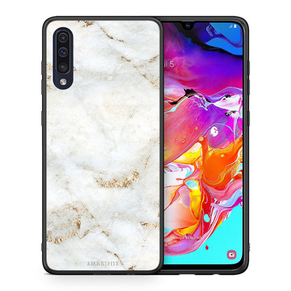 Θήκη Samsung A70 White Gold Marble από τη Smartfits με σχέδιο στο πίσω μέρος και μαύρο περίβλημα | Samsung A70 White Gold Marble case with colorful back and black bezels