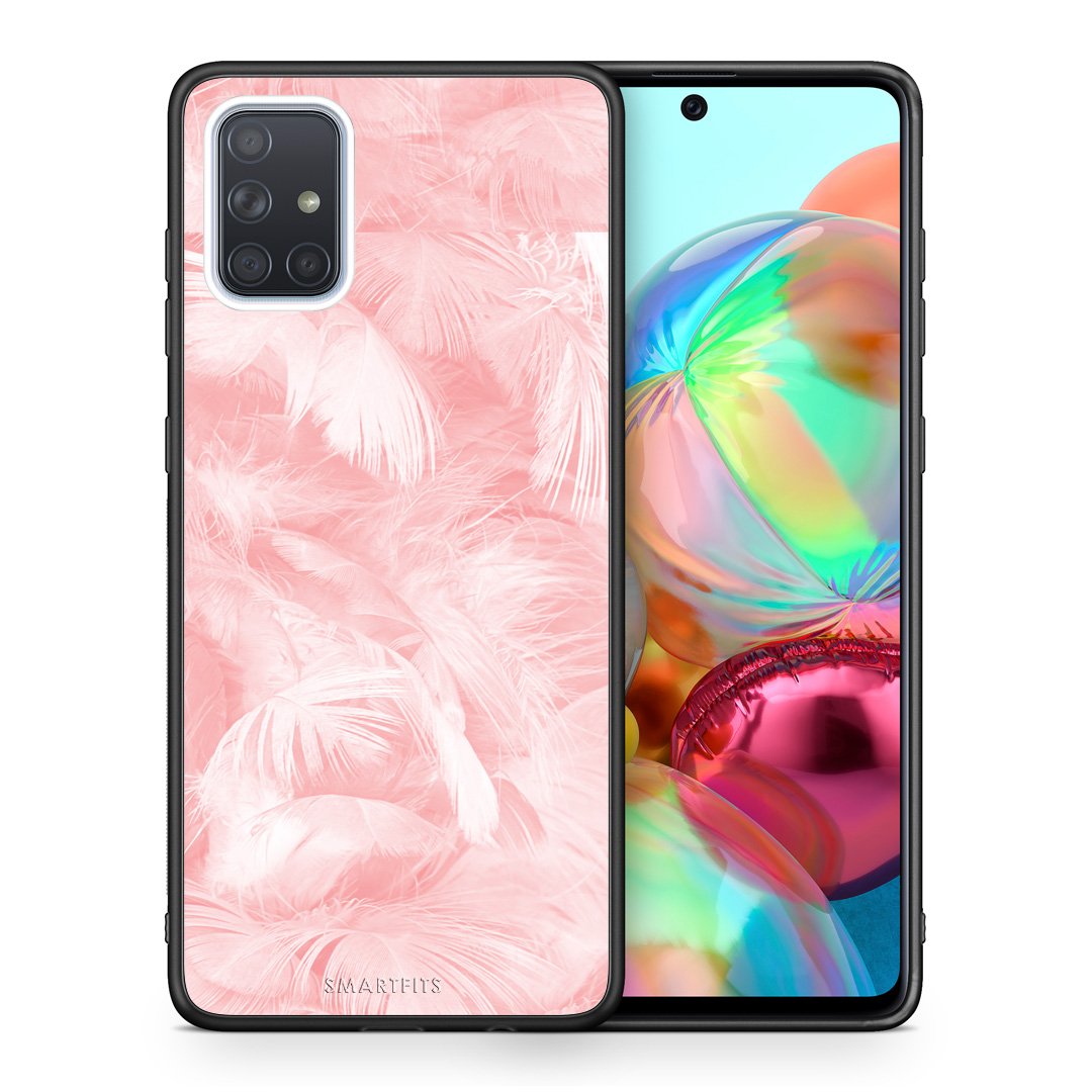Θήκη Samsung A71 Pink Feather Boho από τη Smartfits με σχέδιο στο πίσω μέρος και μαύρο περίβλημα | Samsung A71 Pink Feather Boho case with colorful back and black bezels