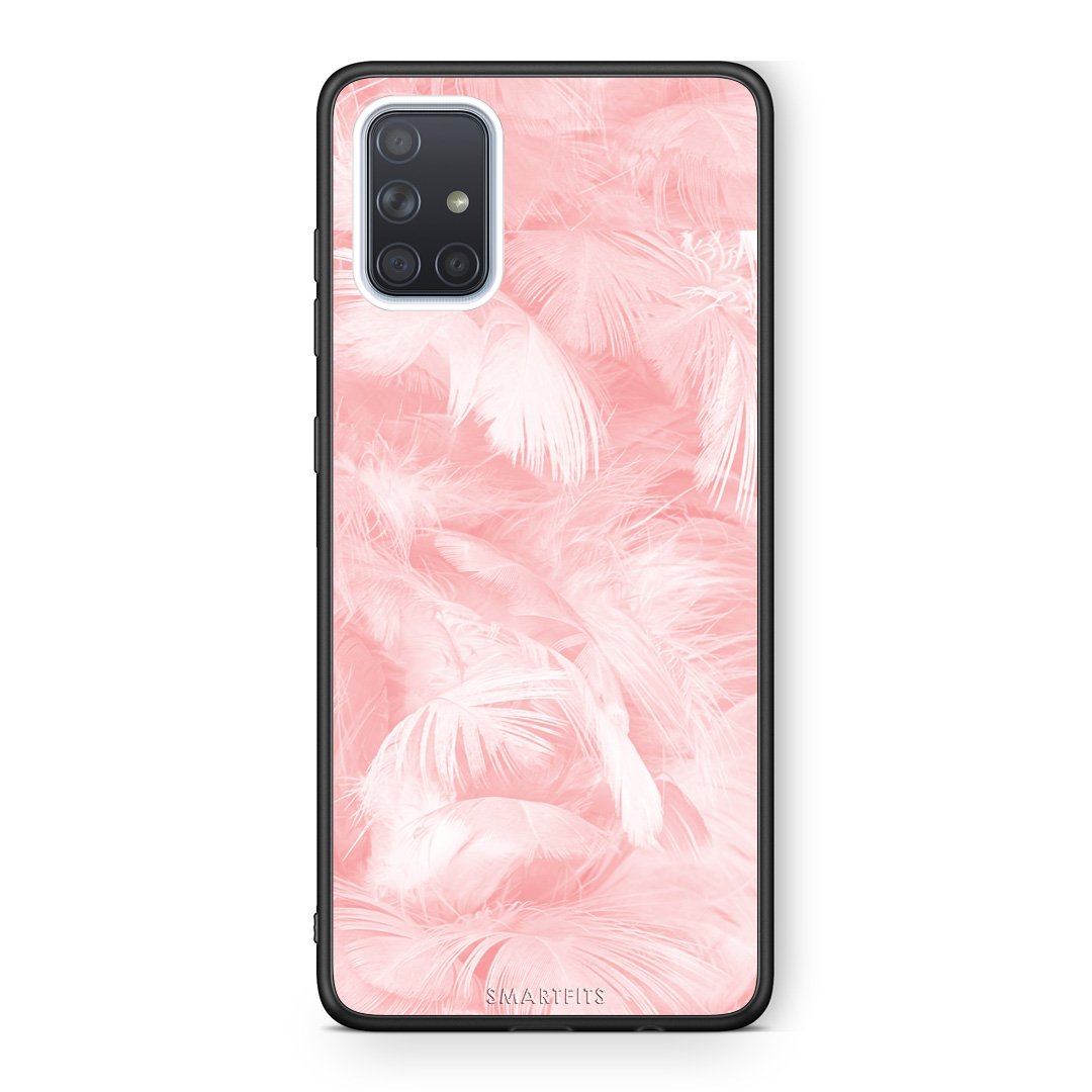 33 - Samsung A71 Pink Feather Boho case, cover, bumper
