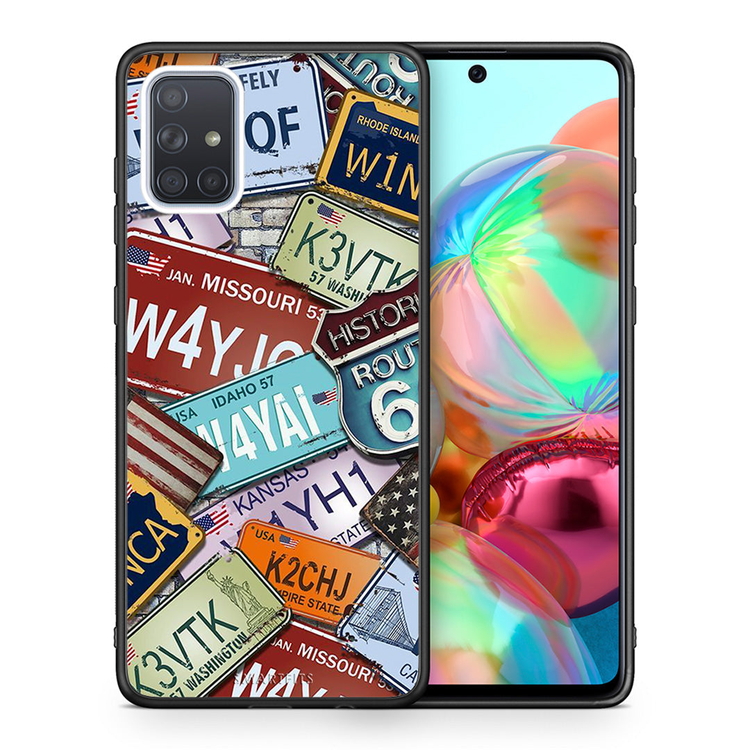 Θήκη Samsung A71 Car Plates από τη Smartfits με σχέδιο στο πίσω μέρος και μαύρο περίβλημα | Samsung A71 Car Plates case with colorful back and black bezels