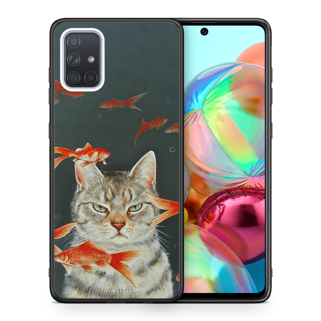 Θήκη Samsung A71 Cat Goldfish από τη Smartfits με σχέδιο στο πίσω μέρος και μαύρο περίβλημα | Samsung A71 Cat Goldfish case with colorful back and black bezels