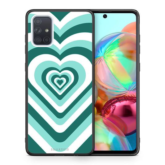 Θήκη Samsung A71 Green Hearts από τη Smartfits με σχέδιο στο πίσω μέρος και μαύρο περίβλημα | Samsung A71 Green Hearts case with colorful back and black bezels