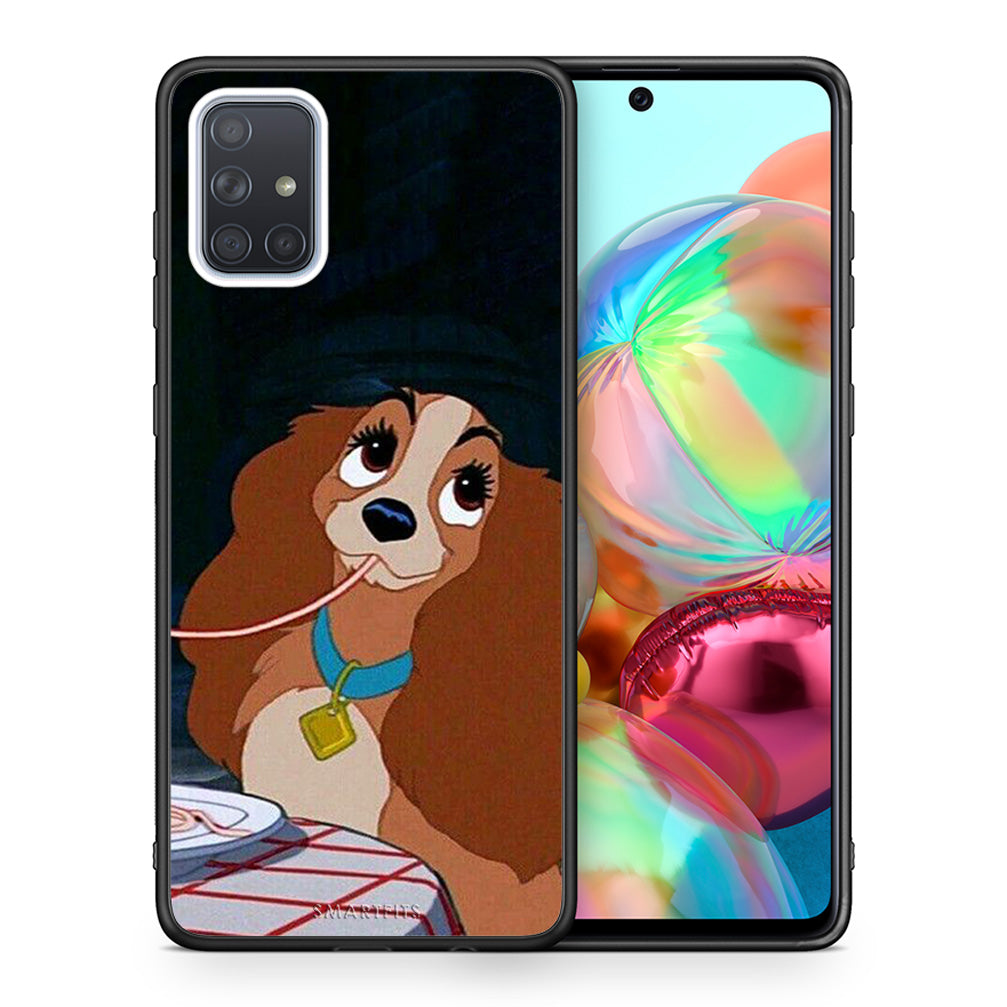 Θήκη Αγίου Βαλεντίνου Samsung A71 Lady And Tramp 2 από τη Smartfits με σχέδιο στο πίσω μέρος και μαύρο περίβλημα | Samsung A71 Lady And Tramp 2 case with colorful back and black bezels
