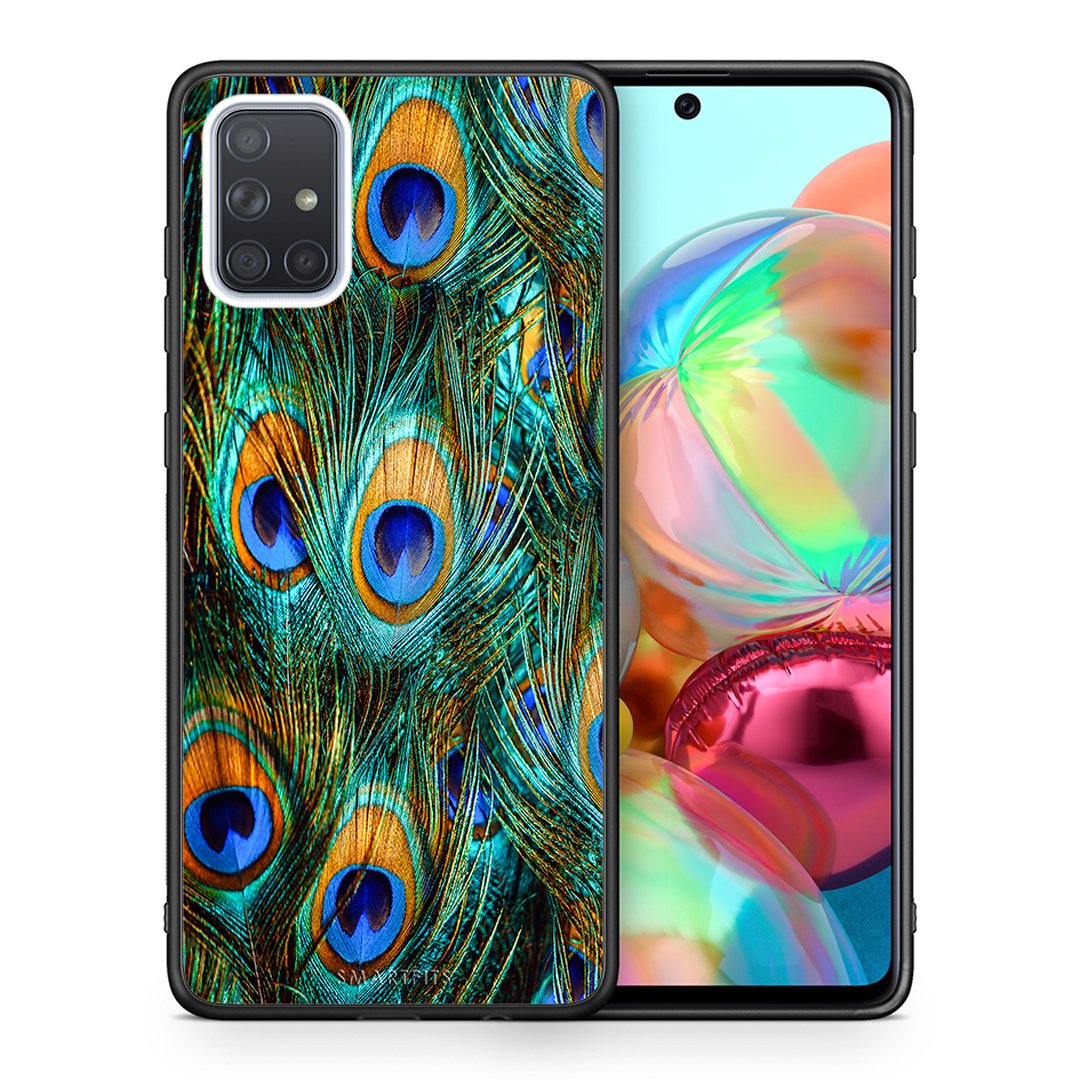 Θήκη Samsung A71 Real Peacock Feathers από τη Smartfits με σχέδιο στο πίσω μέρος και μαύρο περίβλημα | Samsung A71 Real Peacock Feathers case with colorful back and black bezels