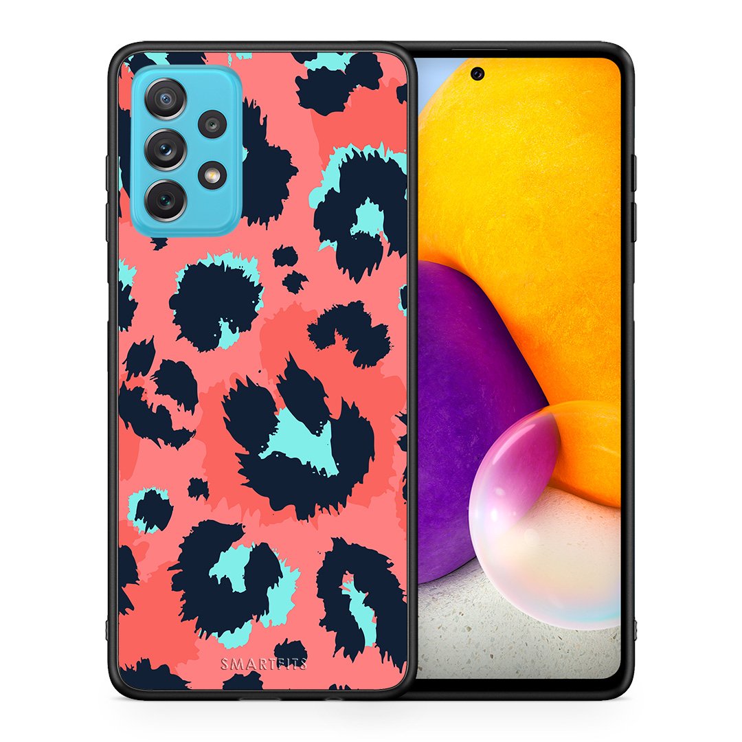 Θήκη Samsung A72 Pink Leopard Animal από τη Smartfits με σχέδιο στο πίσω μέρος και μαύρο περίβλημα | Samsung A72 Pink Leopard Animal case with colorful back and black bezels