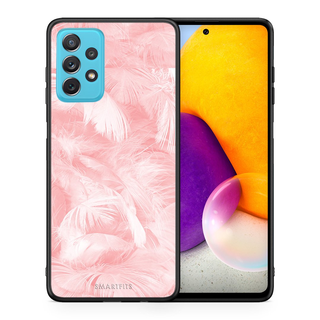 Θήκη Samsung A72 Pink Feather Boho από τη Smartfits με σχέδιο στο πίσω μέρος και μαύρο περίβλημα | Samsung A72 Pink Feather Boho case with colorful back and black bezels