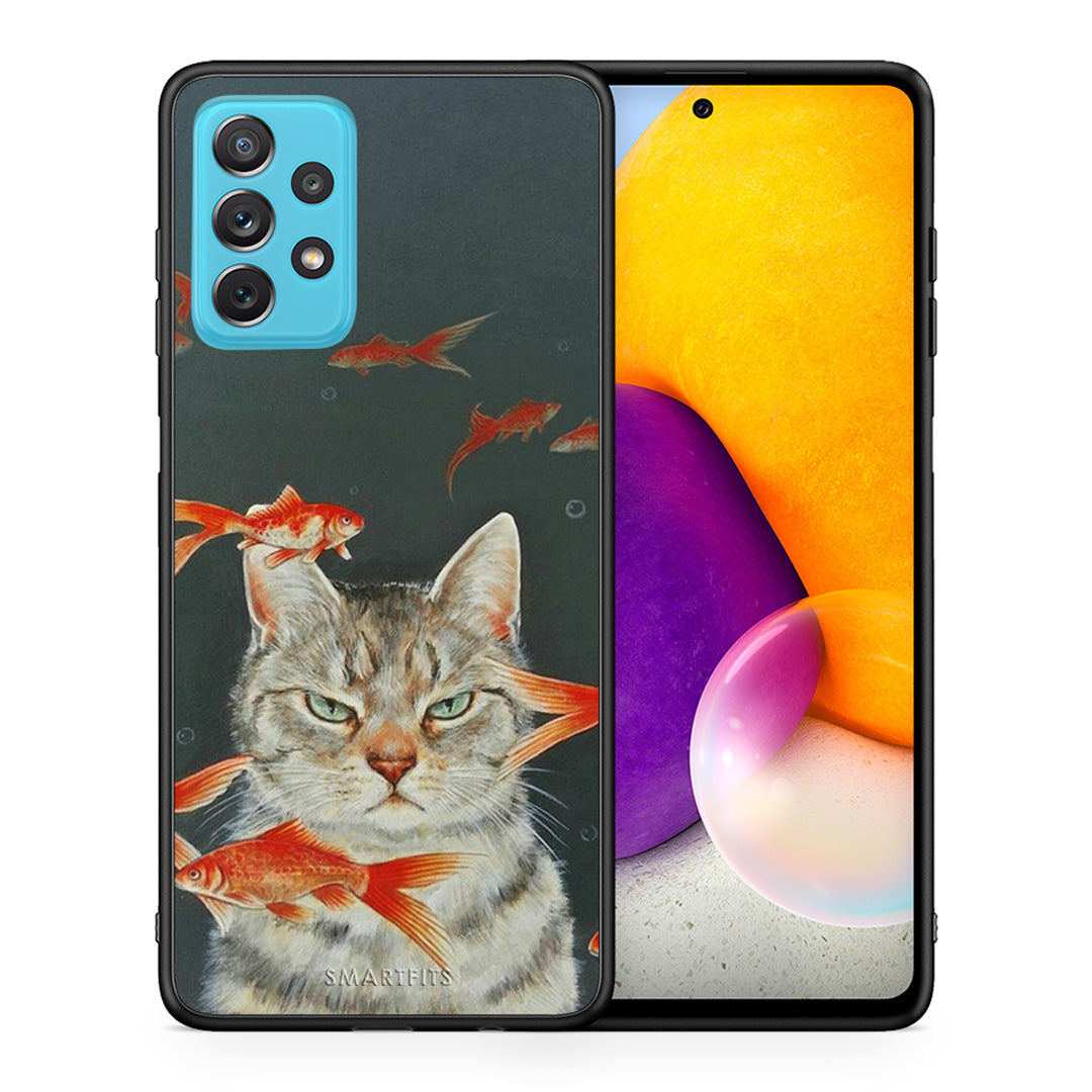 Θήκη Samsung A72 Cat Goldfish από τη Smartfits με σχέδιο στο πίσω μέρος και μαύρο περίβλημα | Samsung A72 Cat Goldfish case with colorful back and black bezels