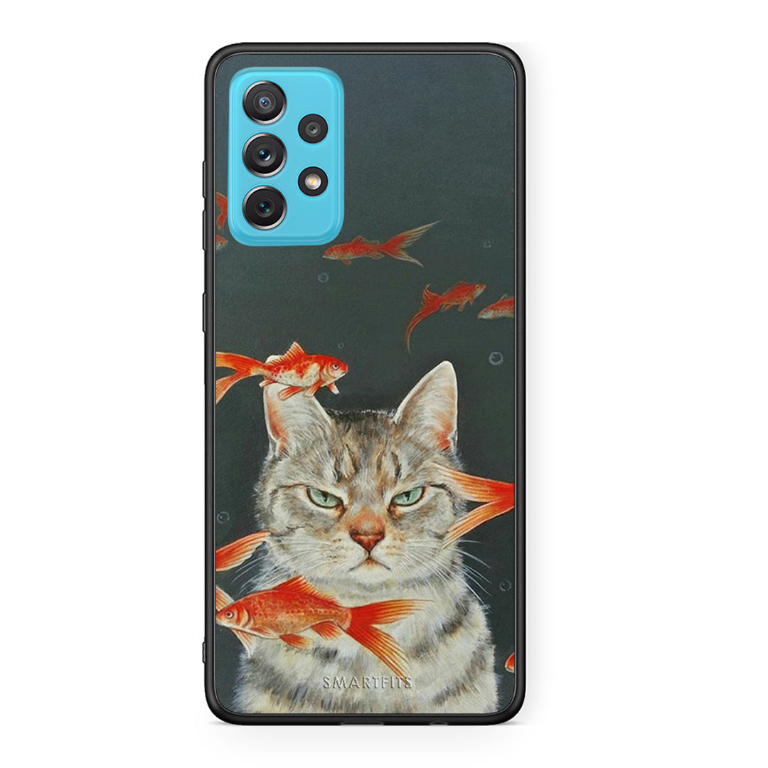 Samsung A72 Cat Goldfish θήκη από τη Smartfits με σχέδιο στο πίσω μέρος και μαύρο περίβλημα | Smartphone case with colorful back and black bezels by Smartfits