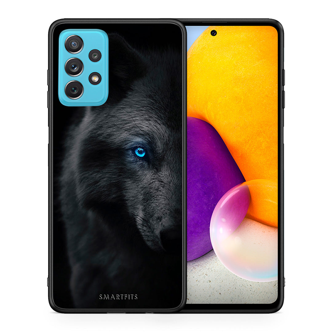 Θήκη Samsung A72 Dark Wolf από τη Smartfits με σχέδιο στο πίσω μέρος και μαύρο περίβλημα | Samsung A72 Dark Wolf case with colorful back and black bezels