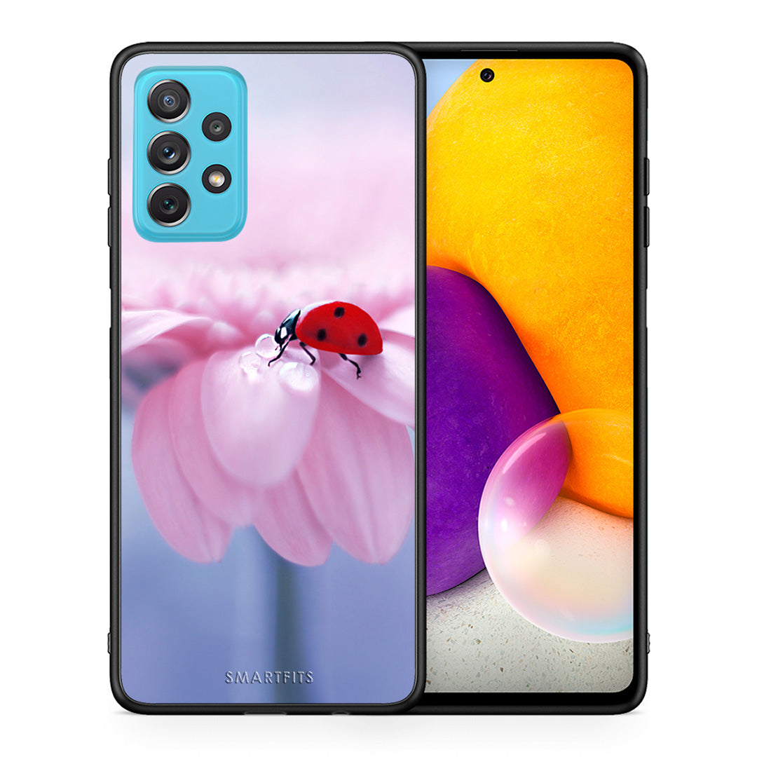 Θήκη Samsung A72 Ladybug Flower από τη Smartfits με σχέδιο στο πίσω μέρος και μαύρο περίβλημα | Samsung A72 Ladybug Flower case with colorful back and black bezels