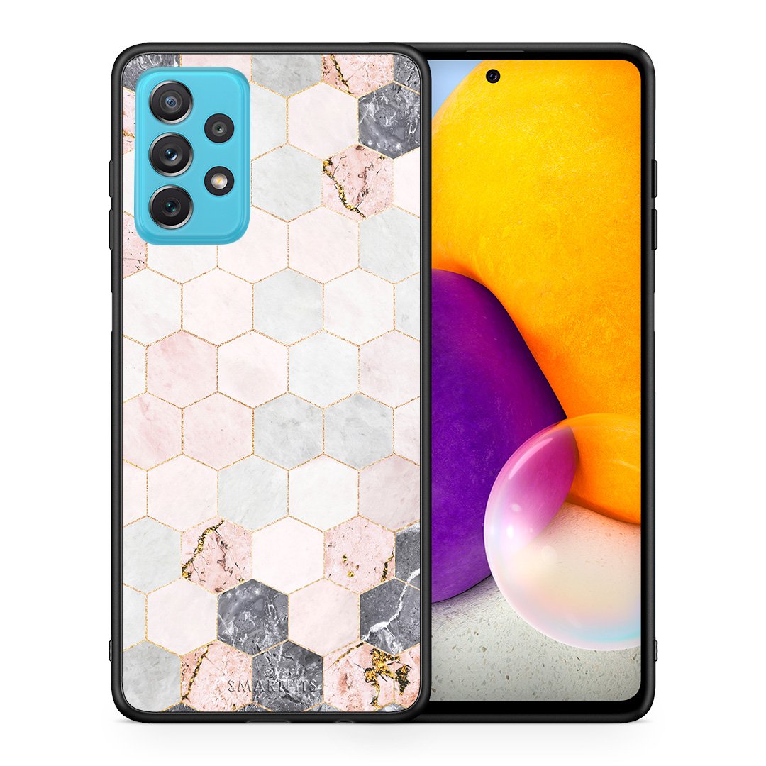 Θήκη Samsung A72 Hexagon Pink Marble από τη Smartfits με σχέδιο στο πίσω μέρος και μαύρο περίβλημα | Samsung A72 Hexagon Pink Marble case with colorful back and black bezels