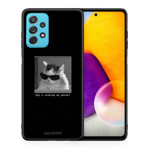 Θήκη Samsung A72 Meme Cat από τη Smartfits με σχέδιο στο πίσω μέρος και μαύρο περίβλημα | Samsung A72 Meme Cat case with colorful back and black bezels