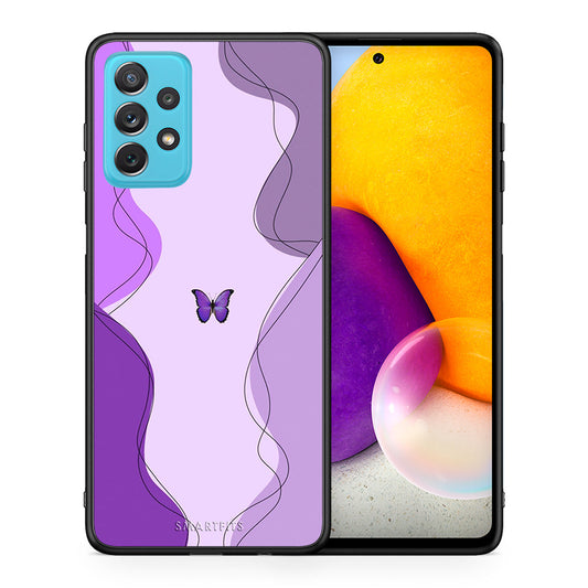 Θήκη Αγίου Βαλεντίνου Samsung A72 Purple Mariposa από τη Smartfits με σχέδιο στο πίσω μέρος και μαύρο περίβλημα | Samsung A72 Purple Mariposa case with colorful back and black bezels