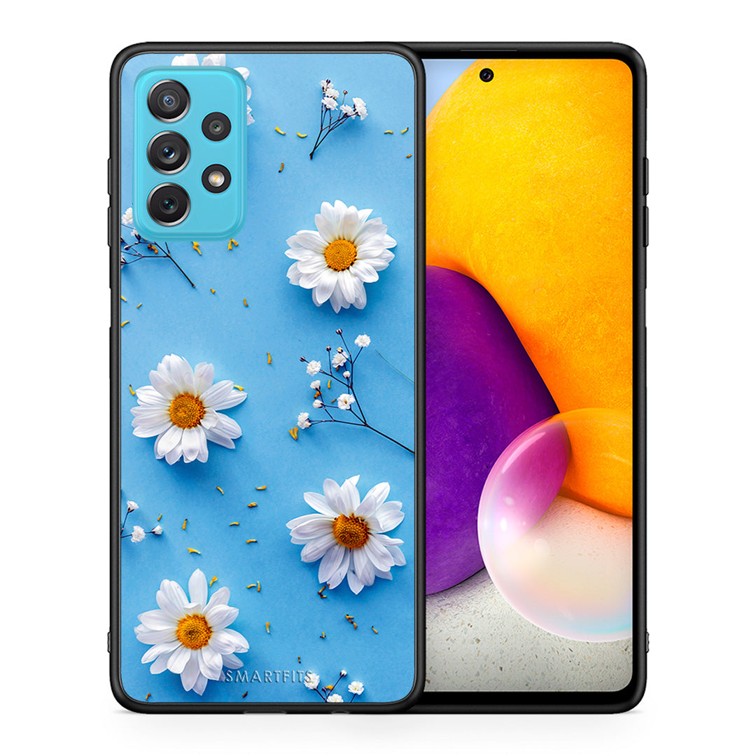 Θήκη Samsung A72 Real Daisies από τη Smartfits με σχέδιο στο πίσω μέρος και μαύρο περίβλημα | Samsung A72 Real Daisies case with colorful back and black bezels