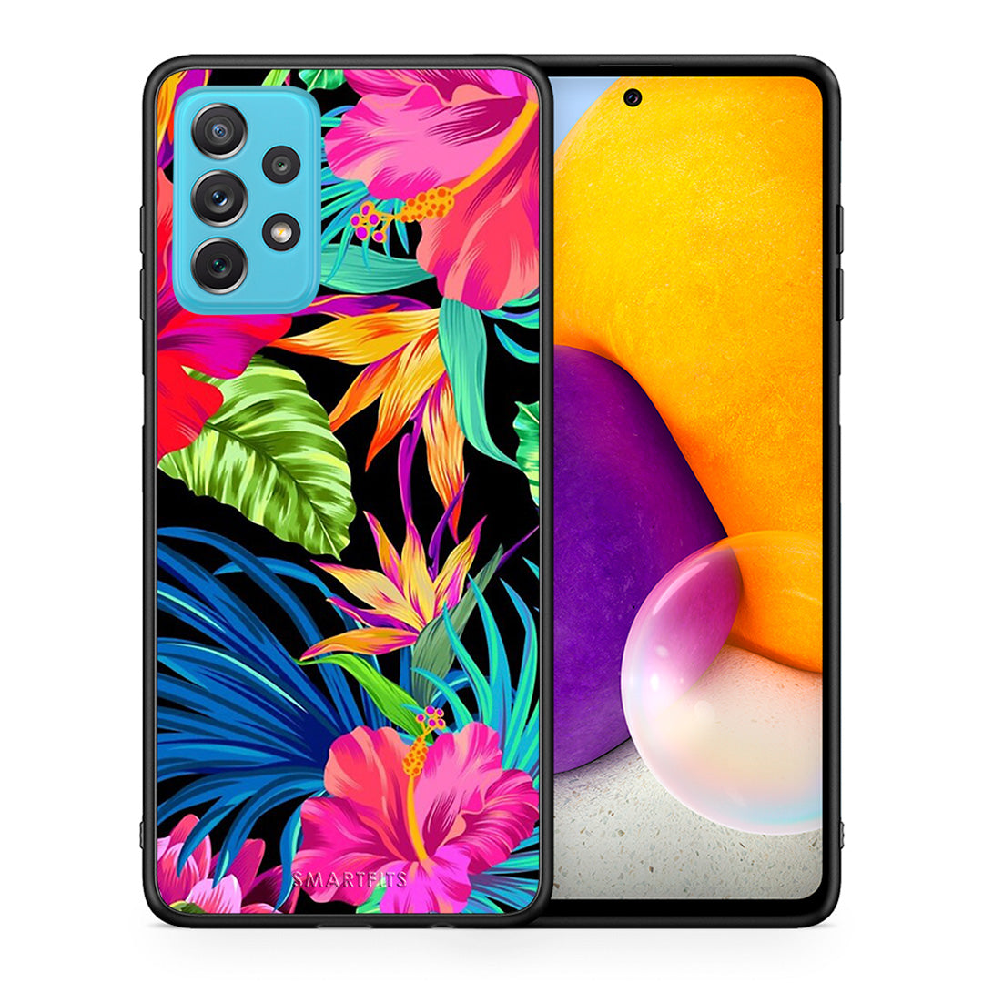 Θήκη Samsung A72 Tropical Flowers από τη Smartfits με σχέδιο στο πίσω μέρος και μαύρο περίβλημα | Samsung A72 Tropical Flowers case with colorful back and black bezels