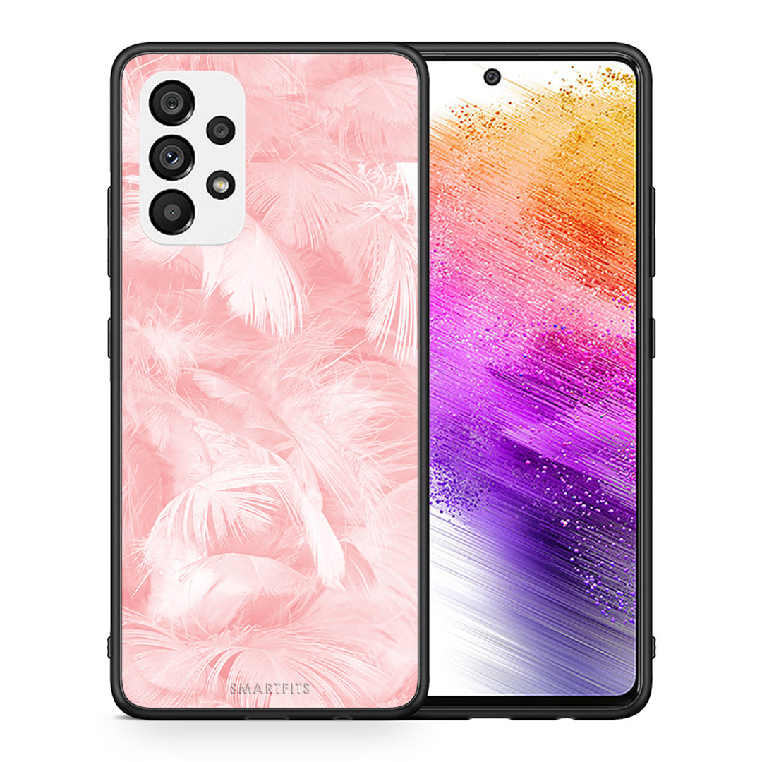 Θήκη Samsung A73 5G Pink Feather Boho από τη Smartfits με σχέδιο στο πίσω μέρος και μαύρο περίβλημα | Samsung A73 5G Pink Feather Boho case with colorful back and black bezels