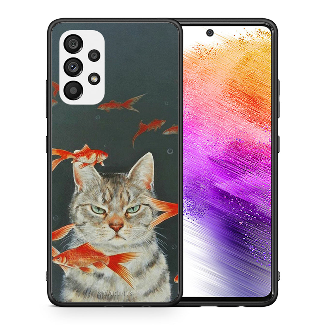 Θήκη Samsung A73 5G Cat Goldfish από τη Smartfits με σχέδιο στο πίσω μέρος και μαύρο περίβλημα | Samsung A73 5G Cat Goldfish case with colorful back and black bezels