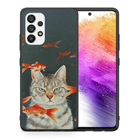Thumbnail for Θήκη Samsung A73 5G Cat Goldfish από τη Smartfits με σχέδιο στο πίσω μέρος και μαύρο περίβλημα | Samsung A73 5G Cat Goldfish case with colorful back and black bezels