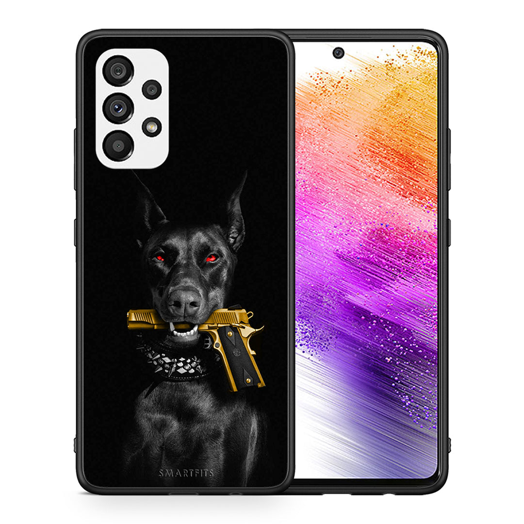 Θήκη Αγίου Βαλεντίνου Samsung A73 5G Golden Gun από τη Smartfits με σχέδιο στο πίσω μέρος και μαύρο περίβλημα | Samsung A73 5G Golden Gun case with colorful back and black bezels