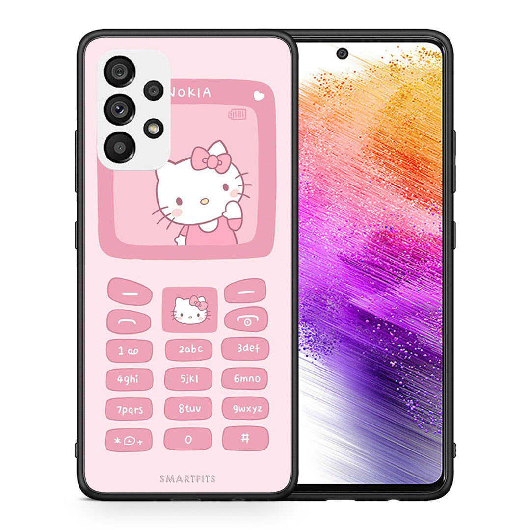 Θήκη Αγίου Βαλεντίνου Samsung A73 5G Hello Kitten από τη Smartfits με σχέδιο στο πίσω μέρος και μαύρο περίβλημα | Samsung A73 5G Hello Kitten case with colorful back and black bezels